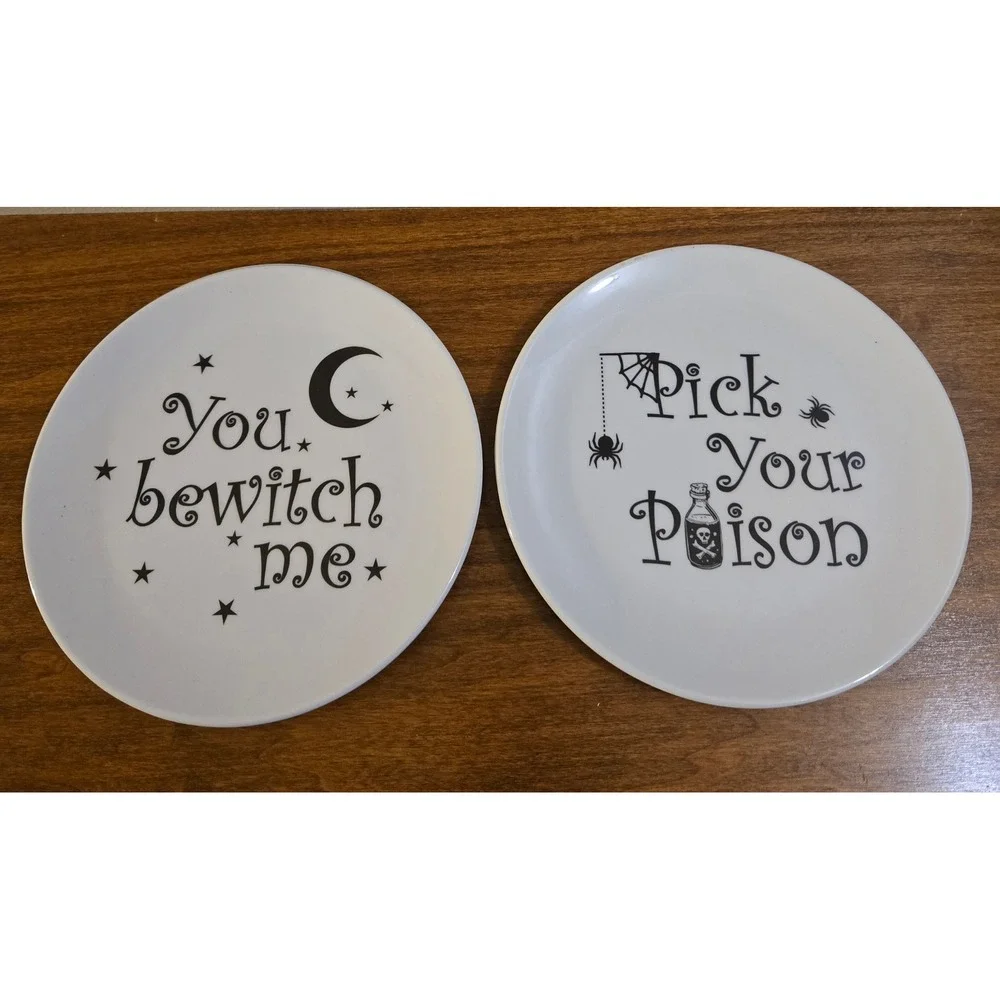 Halloween Melamine Plate Set 8pc Black White Spooky Graphics Witch Haunted House